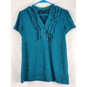 AGB Teal Black Splatter Ruffled V-neck Blouse Size L